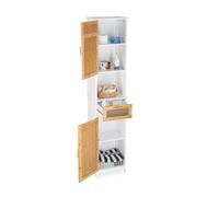 Relaxdays, Bianco/Marrone Mobile Bagno a Colonna, 2 Ante, 1 Cassetto, Scaffale Alto, HLP 180x39x30 cm ca, Legno e bambù, Pannelli MDF, 180 x 39 x 30 cm