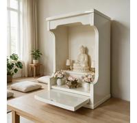 Mobile altare da parete e tavolo in legno massello | Con ripiano estraibile, mobile Dio della Ricchezza e Guanyin per preghiera quotidiana(D,62.5cm/24.6in)