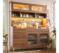 Mobile alto sottile, 145 x 39 x 171 cm, con illuminazione a LED e app, moderna credenza per cucina e soggiorno, elegante armadietto con parete forata, cassetto e ripiani in vetro, colore noce