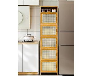 Mobile angolare Moderno in bambù - Mobile Contenitore Alto e Stretto con Ante e Ripiani per dispensa, Soggiorno o Bagno - Elegante Soluzione salvaspazio