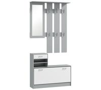 Mobile Appendiabiti 3 In 1 Con Scarpiera E Specchio, Ganci E Cassetti, In Legno, 90x10x91 Cm, Bianco E Grigio