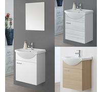 Mobile Arredo bagno sospeso bianco rovere chiaro specchiera 56 lavabo ceramica|Y