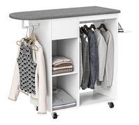 Mobile Asse da Stiro 125x43,5x112 cm con Ruote Barra per Abiti e Ripiani Bianco