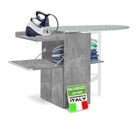 Shally Dogan Mobile Asse da Stiro a Scomparsa Salvaspazio Richiudibile, Mobiletto Pieghevole Telaio in Legno per Stiratura Veloce, 4 Ruote per Spostamento, Ideale Lavanderia, Bagno (Cemento)