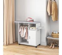 Mobile Asse da Stiro in Truciolato e Spugna con Piano d'Appoggio in Tessuto Effetto Lino, 3 Ripiani a Cubo e Guida per Appendere, 107x42.5x99 cm, Bianco Description:Questo mobile da stiro HOMCOM è in