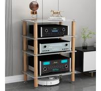 Mobile audio con ripiani in vetro temperato, gambe in legno massello ammortizzanti, unità di archiviazione multimediale per sistemi di intrattenimento domestico, design durevole ed elegante.