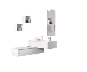 Mobile Bagno 120cm | Lavabo, Doppio Cassettone, Specchio Con Lampada E Cubi Porta Oggetti