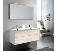 Mobile Bagno 120cm Sospeso Due Cassetti Lavabo Doppia Vasca e Specchio Con Lampada