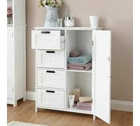 BAKAJI Mobile da bagno Bianco con 4 cassetti e 1 Anta, Armadietto in legno Salvaspazio dal Design Elegante, Mobiletto con ripiano regolabile ideale anche in soggiorno, corridoio, cucina