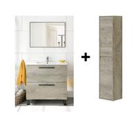 Mobile Bagno 80 Cm 2 Cassetti Lavabo In Ceramica Specchio Colonna Athena Rovere