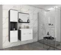 Mobile bagno a parete con lavabo, specchio e colonna in matera bianco lucido.