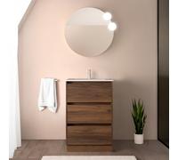 Mobile bagno a terra 60 cm noce maya con lavabo e specchio tondo 60 cm, 3 cassetti con chiusura soft-close, GAYA