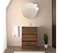 Mobile bagno a terra 60 cm noce maya con lavabo e specchio tondo 60 cm, 3 cassetti con chiusura soft-close, GAYA