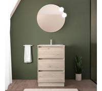 Mobile bagno a terra 60 cm rovere bali con lavabo e specchio tondo 60 cm, 3 cassetti con chiusura soft-close, GAYA