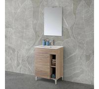 Mobile bagno a terra 60 cm salvaspazio in rovere tropea con anta e 2 vani a giorno, lavabo e specchio LED 52x68 cm, MARTHA