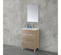 Mobile bagno a terra 60 cm salvaspazio in rovere tropea con due ante, lavabo e specchio LED 52x68 cm, MARTHA