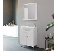 Mobile Bagno a Terra 65 cm Bianco Lucido, Completo di lavabo e Specchio con Luce LED | Creta (65 cm)
