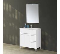 Mobile Bagno a Terra 80 cm Due Ante e Due cassetti Bianco Lucido Specchio Reversibile 62x78 cm con Lampada a LED 30 cm