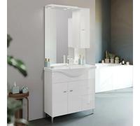 Mobile Bagno a Terra 85 cm Bianco Lucido, Completo di lavabo e Specchio con pensile e Luce LED | Creta (85 cm)