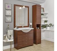 Mobile bagno a terra 85 cm noce canaletto con 2 ante e 3 cassetti, lavabo in ceramica lucida, specchio 80x105 con cornice e lampada, ROMANTICA