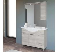 Mobile Bagno a Terra Moderno, lavabo in Ceramica, Include specchiera con pensile e Illuminazione LED (Rovere Grigio, Larghezza 105 cm)