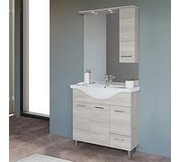 Inbagno Mobile Bagno a Terra Moderno, lavabo in Ceramica, Include specchiera con pensile e Illuminazione LED (Rovere Grigio, Larghezza 85 cm)