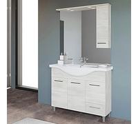 Mobile Bagno a Terra Moderno, lavabo in Ceramica, Include specchiera con pensile e Illuminazione LED (Rovere Bianco, Larghezza 105 cm)