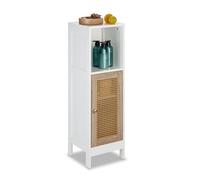 Relaxdays Mobile da Bagno, 2 Ripiani Aperti, 2 con Anta in Rattan, 96,5x30x30 cm, Mobiletto Salvaspazio, Bianco Naturale