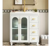 Mobile bagno con mobiletto singolo con base 80cm e lavabo in ceramica, bianco Questo mobiletto da bagno ha un design unico, con un grande armadietto a due ante sul lato sinistro e un piccolo armadiett