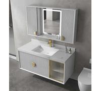 Mobile Bagno da 40 Pollici, Mobile Bagno sospeso con lavandino, in Legno massello, con Specchio antiappannamento Intelligente a LED, Mobile con Anta Scorrevole, lavandino Integrato e Piano di Lavoro