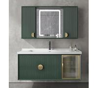 Mobile Bagno da 60 Pollici, Mobile Bagno sospeso con lavandino, in Legno massello, con Specchio antiappannamento Intelligente a LED, Mobile con Anta Scorrevole, lavandino Integrato e Piano di Lavoro