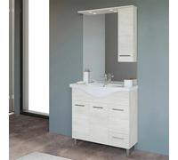 Mobile Bagno da terra 85 cm rovere bianco + specchio con pensile e luce LED