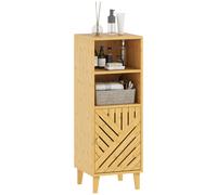 Mobile bagno HOMCOM, mobiletto contenitore con 1 armadietto, 2 scomparti aperti, anta e piedini in bambù, 32x30x90 cm, effetto naturale