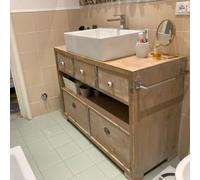Mobile bagno | legno massello di abete | piano intero | lavabi da appoggio non inclusi | cassettoni inferiori | finitura liscia naturale (3 cassetti superiori di cui quello centrale sagomato)