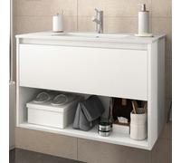 MOBILE BAGNO SOSPESO 100 CM LEGNO CASSETTO VANO LAVABO SPECCHIERA LED MOD. NOJA