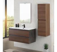 Mobile bagno sospeso 100 cm ossido e noce canaletto con 2 cassetti soft-close, lavabo in ceramica e specchio reversibile 60x80 cm, KLEO
