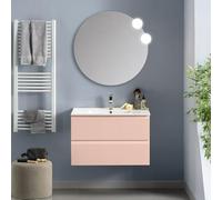 Mobile bagno sospeso 100 cm rosa opaco cannettato con 2 cassetti, lavabo in ceramica e specchio tondo 80 cm, GIAVA