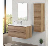 Mobile bagno sospeso 100 cm rovere africa con 2 cassetti soft-close, lavabo in ceramica e specchio reversibile 60x80 cm, KLEO