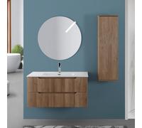 Mobile bagno sospeso 100 rovere cannettato doppi cassetto lavabo e specchio Wise