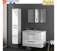Mobile Bagno Sospeso 2 Cassetti Bianco Lucido Lavabo Specchio Colonna Sospesa