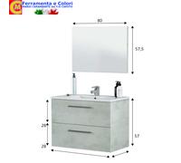 Mobile Bagno Sospeso 2 Cassetti Grigio Cemento Lavabo Colonna Sospesa Scarpiera