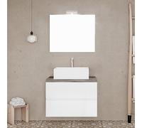 Mobile Bagno sospeso 60 cm Bianco con Top Rovere fossile per lavabo d’appoggio, 2 cassettoni Soft-Close, Specchio LED Reversibile 60x80 cm, Town