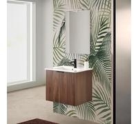 Mobile bagno sospeso 60 cm noce cannettato con 2 ante, lavabo in ceramica e specchio reversibile 50X70