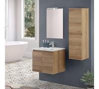 Mobile bagno sospeso 60 cm rovere africa con 2 ante soft-close, lavabo in ceramica e specchio reversibile 50x70 cm, KLEO