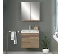 Mobile bagno sospeso 65cm rovere scuro con specchio contenitore Mona