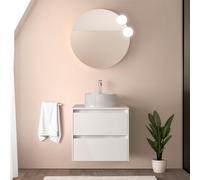 Mobile bagno sospeso 70 cm bianco lucido con top per lavabo e specchio tondo 70 cm, 2 cassetti con chiusura soft-close, GAYA