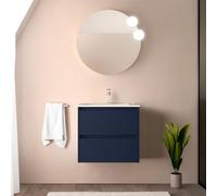 Mobile bagno sospeso 70 cm blu satinato con lavabo e specchio tondo 70 cm, 2 cassetti con chiusura soft-close, GAYA