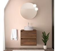 Mobile bagno sospeso 70 cm noce maya con top per lavabo e specchio tondo 70 cm, 2 cassetti con chiusura soft-close, GAYA