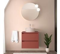 Mobile bagno sospeso 70 cm rosso satinato con top per lavabo e specchio tondo 70 cm, 2 cassetti con chiusura soft-close, GAYA