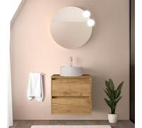 Mobile bagno sospeso 70 cm rovere africa con top per lavabo e specchio tondo 70 cm, 2 cassetti con chiusura soft-close, GAYA